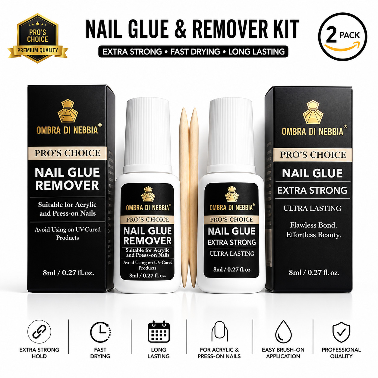Nail Glue & Remover Kit Extra Strong Brush On Fast Dry Acrylic Nails 2PCS