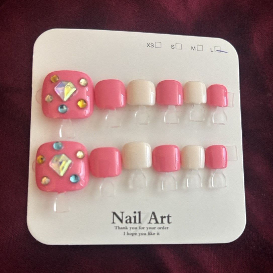 Press-On Nails Set Pink/White Shiny Rhinestone Short Square Full Cover