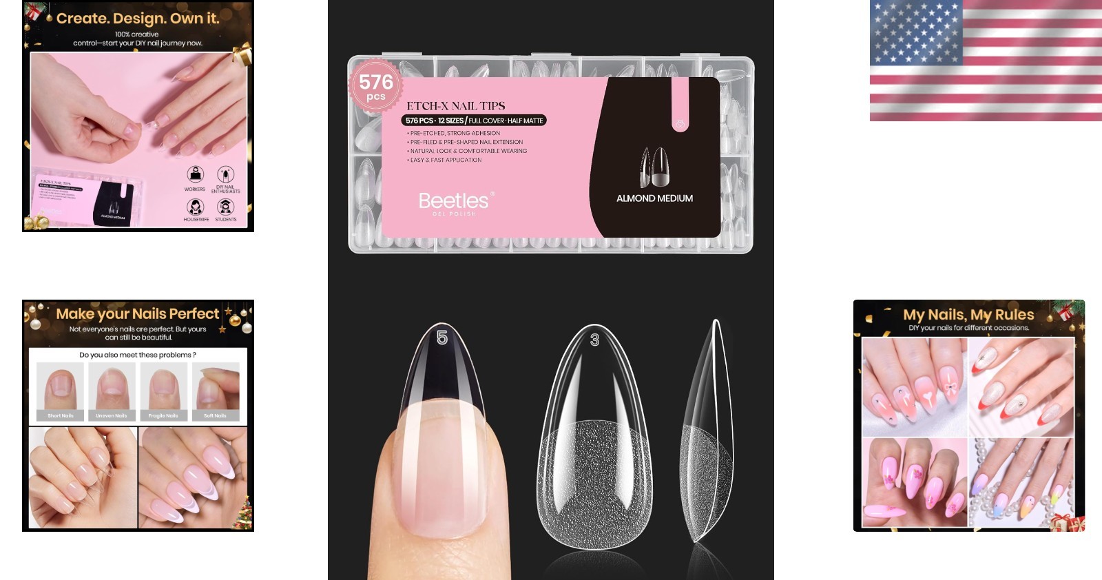 Beetles Medium Almond Nail Tips 576pcs Clear Soft Gel Pre-Etched Full Cover Set