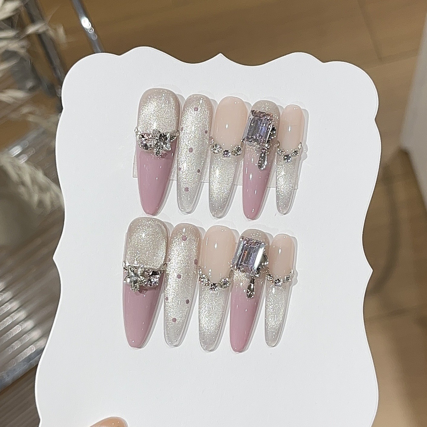 10Pcs Handmade Purple French Cat Eye Oval Nails K9 Rhinestone Summer Party