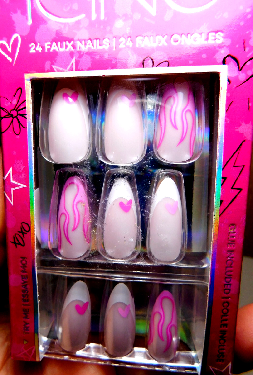 CBI Distributing Corp~Icing 24 Faux Nails Vegan BH.AN Pink & White Hearts&Flames