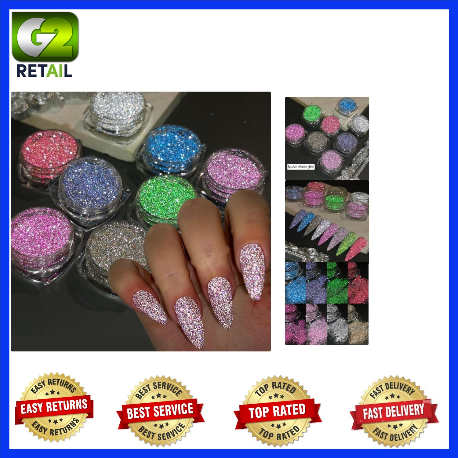 Reflective Glitter Powder Set – 8 Vibrant Diamond Shades for Stunning Nail Art