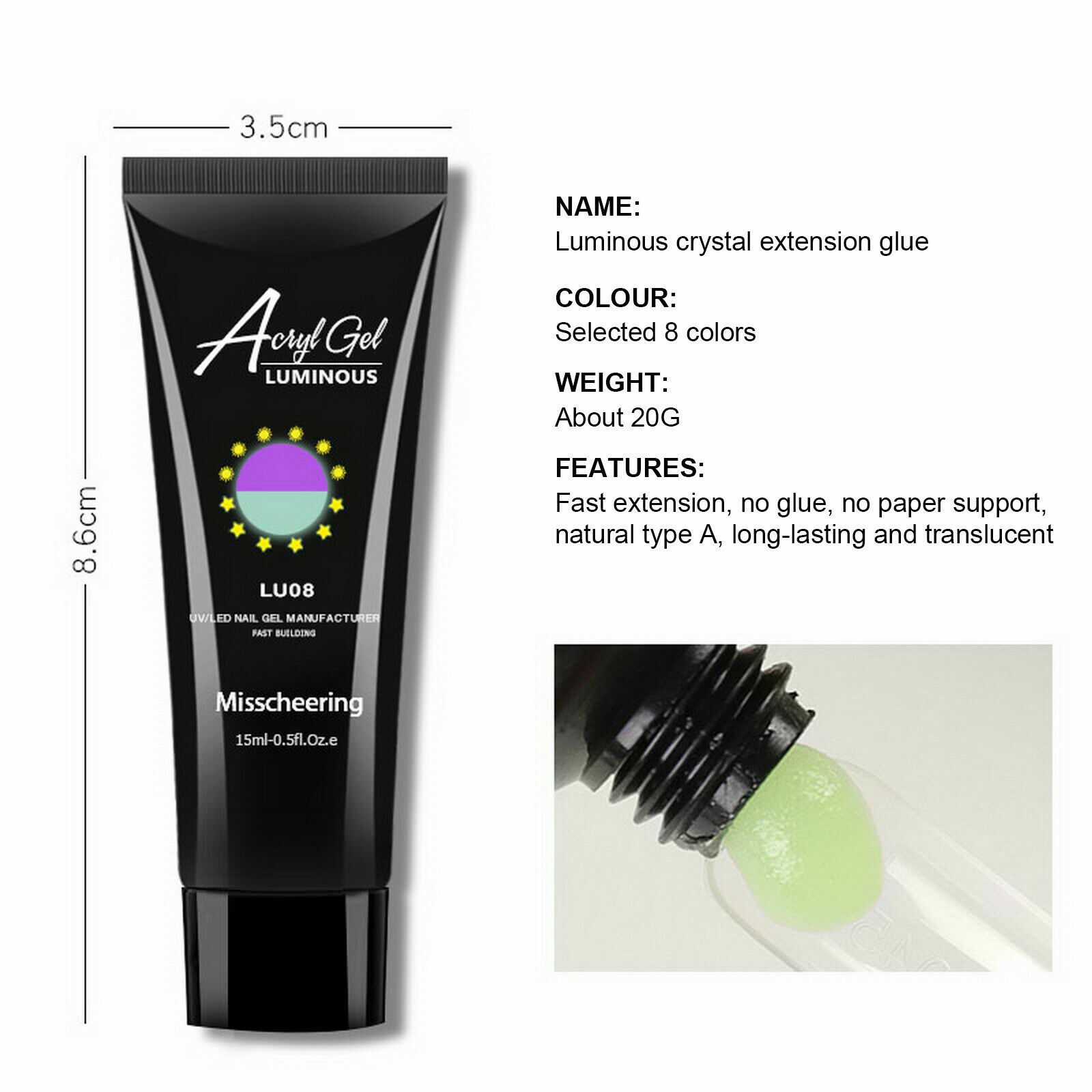 8 Colors Glow In Dark UV Nail Extension Gel 15ml Poly Luminous Nail Building Art