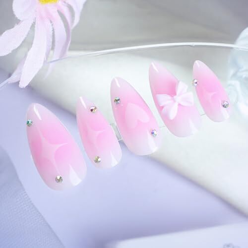 Almond Press on Nails Ombre Pink Short Medium Glue on 3D Bow Heart Rhinestone