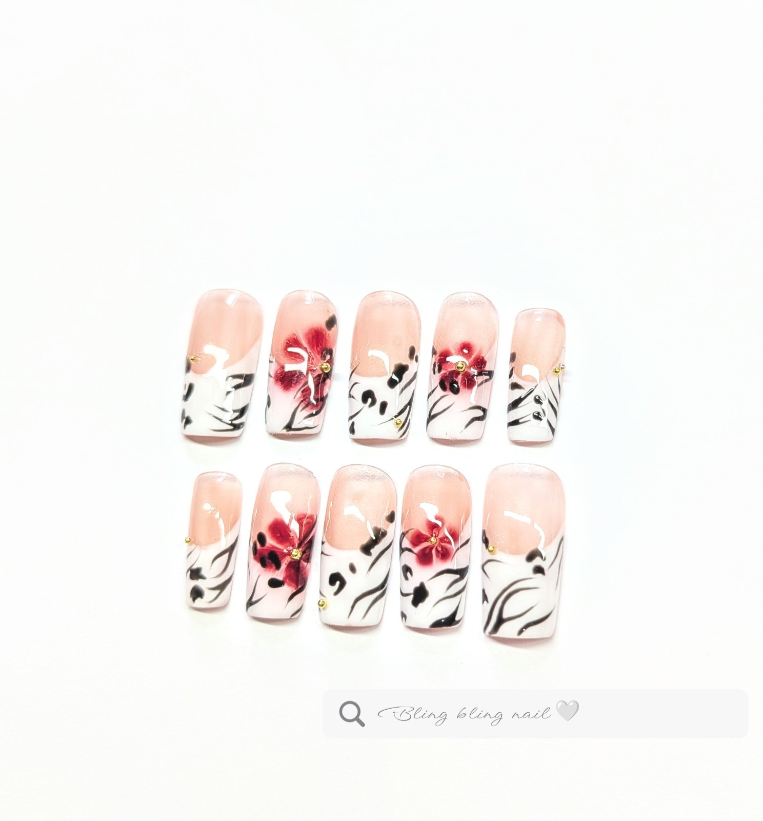 Leopard Print and 3D Red Flower / Hand Designed Press on Nails.