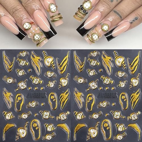 2Sheets Vintage Watch Nail Art Stickers 5D Embossed Gold 5D Gold Irregular 14
