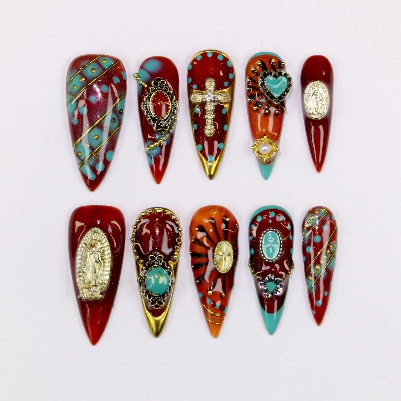 Virgin Cross Handmade Press on Nails Turquoise Red Gold Western Gloss Fake Nails
