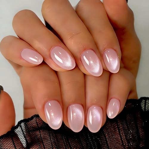 Cat Eye Press on Nails Short, Chrome Press on Nails Oval, Thick Glazed Pink