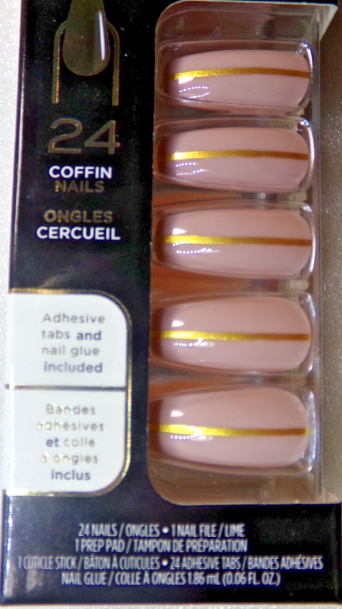 Sally Hansen Nails Pink Mauve with Gold Stripe GLUE-On Long Length Coffin