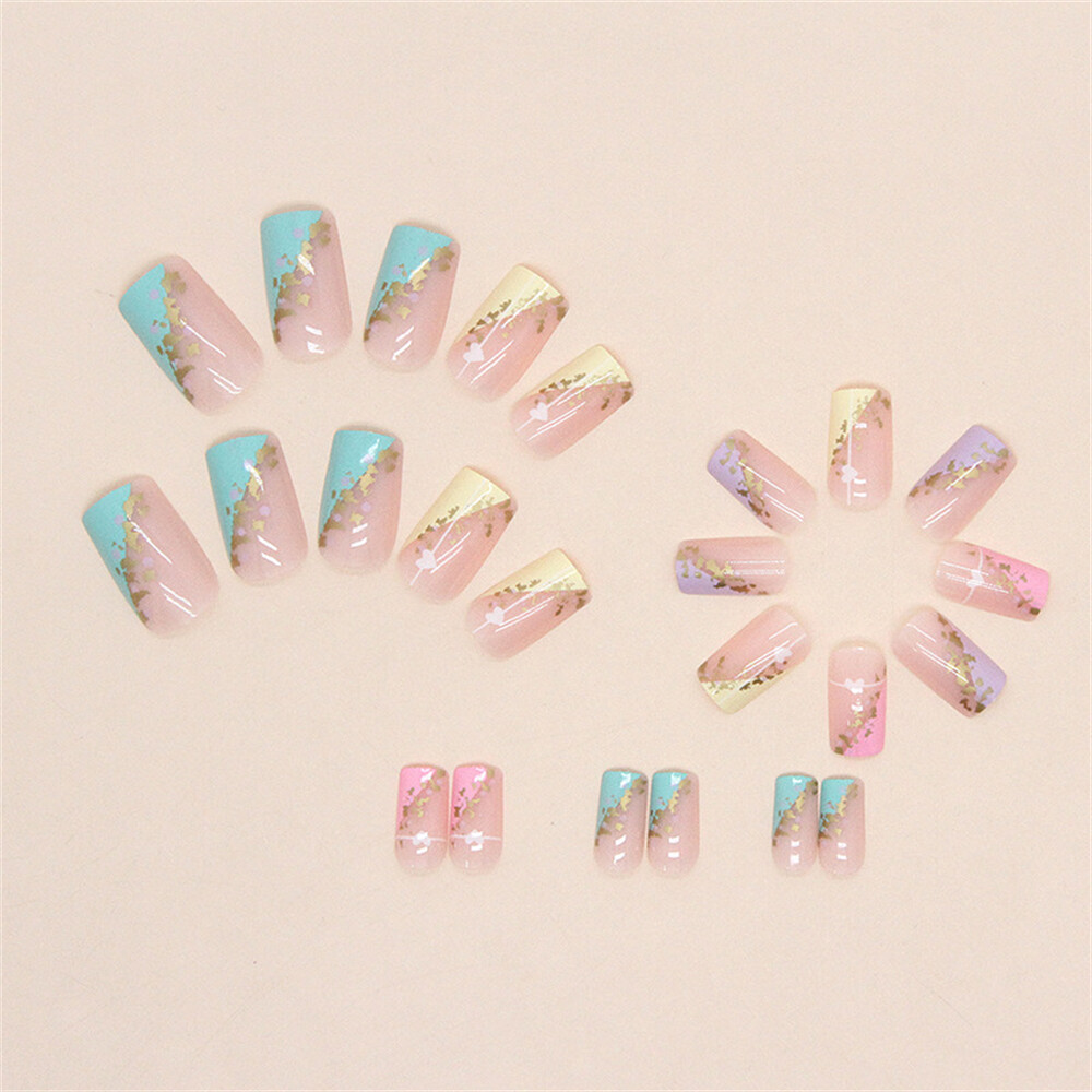 Rainbow False Nail Heart Medium Square Press on Nails for Nail Art 24pcs