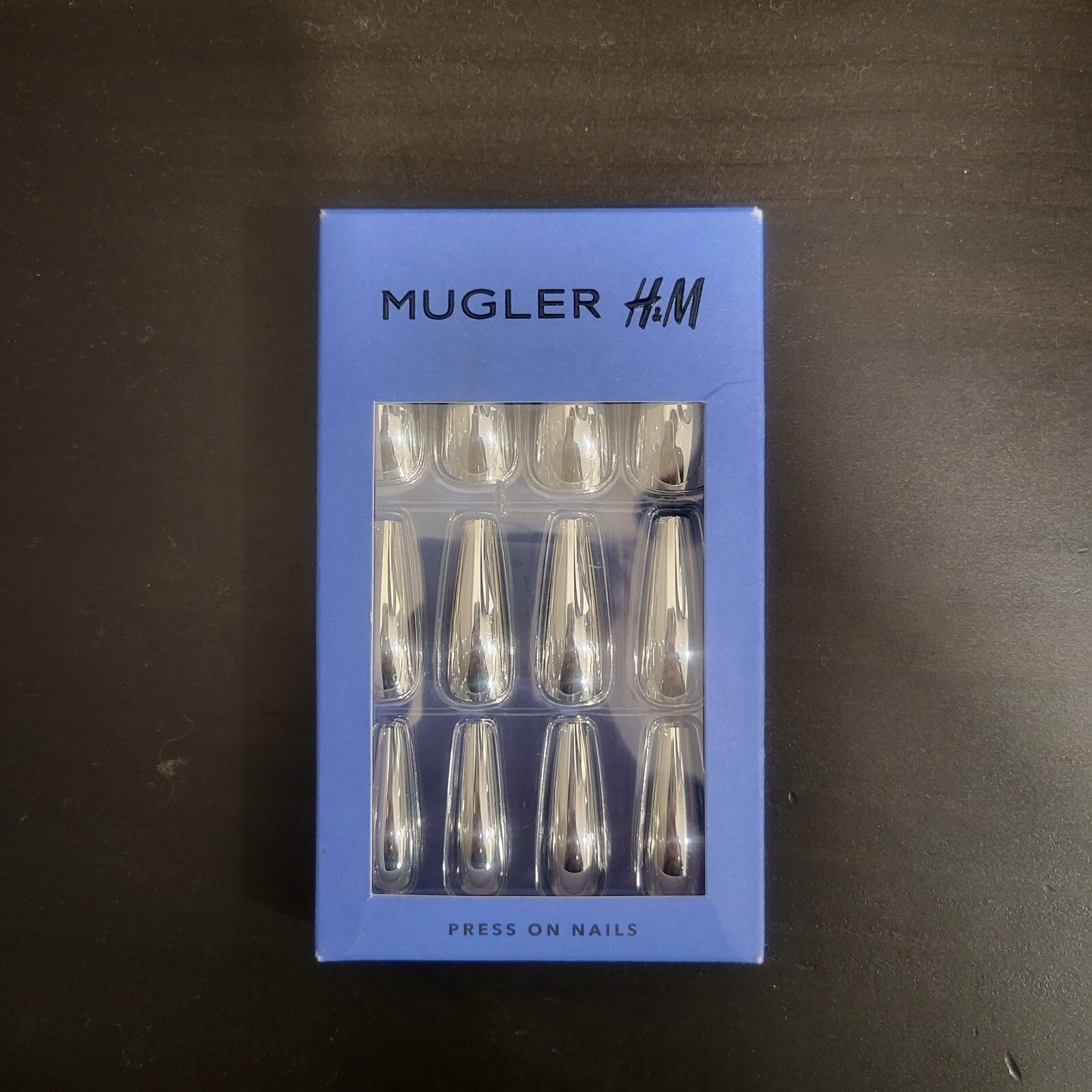 H&M × Mugler – Set of 24 Silver Coffin Shaped Press-On Nails – New In Sealed Box