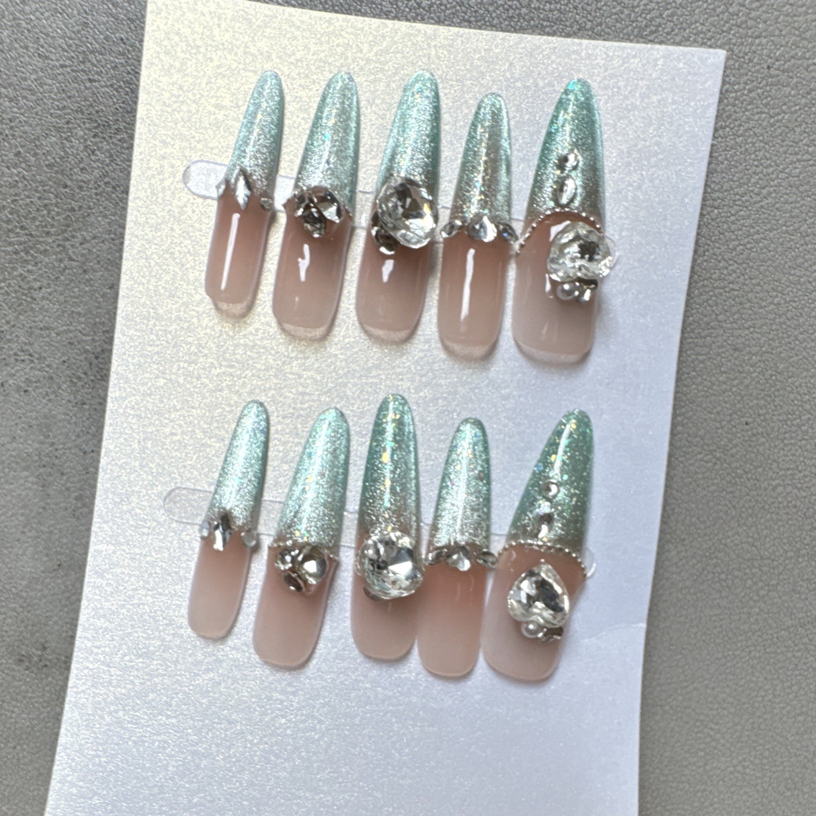 Press-On Nails Long Stiletto Nude/Green Rhinestone Theme Shiny Full Cover