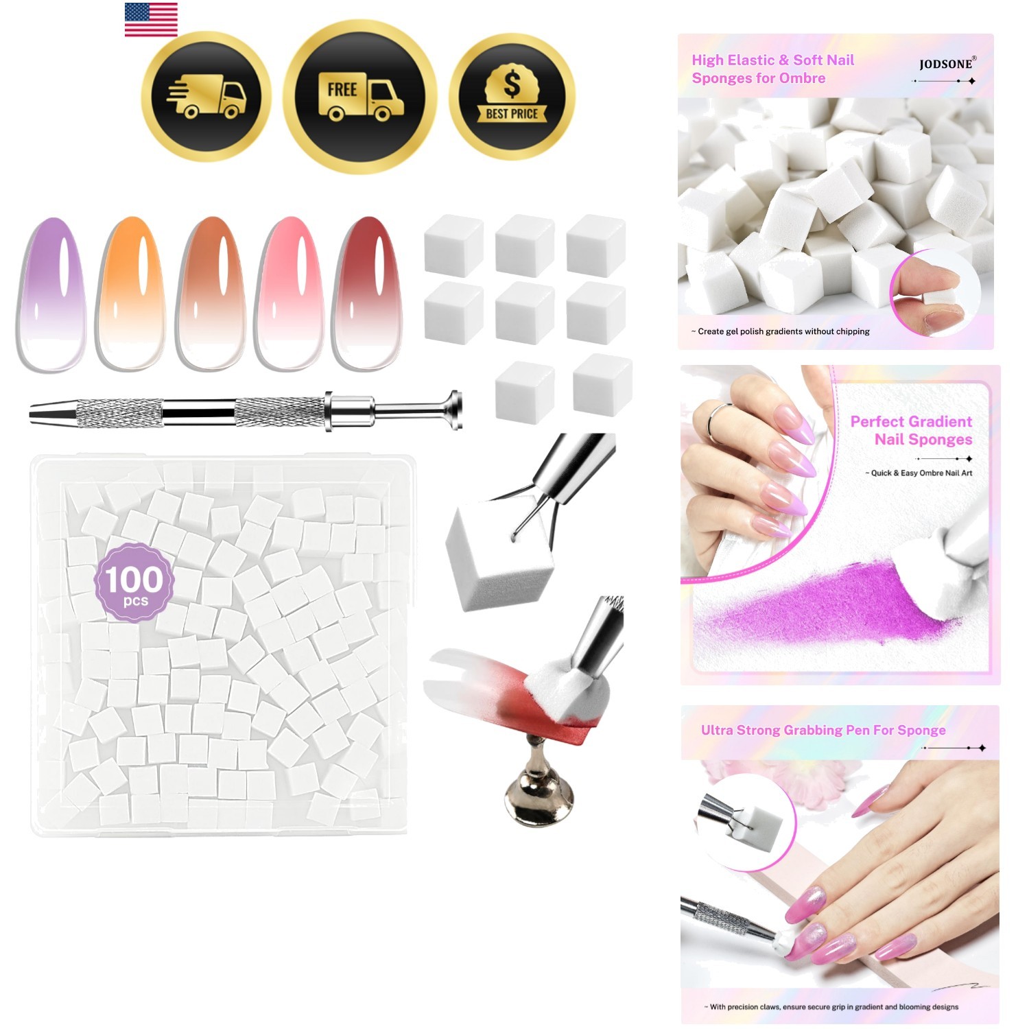 100PCS Soft Nail Sponges for Ombre with 1 Stainless Grabbing Pen Professional…