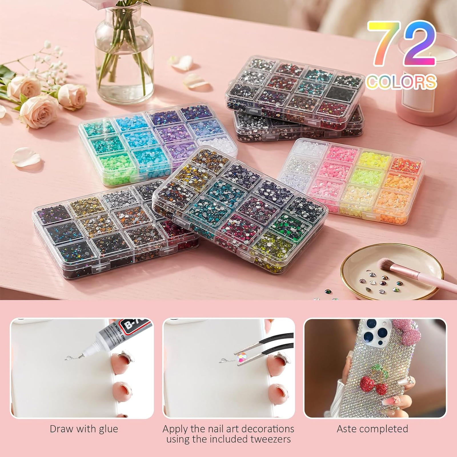 Resin Rhinestones Kit 72 Colors Flatback Gems for Nail Art Jewelry Crafts