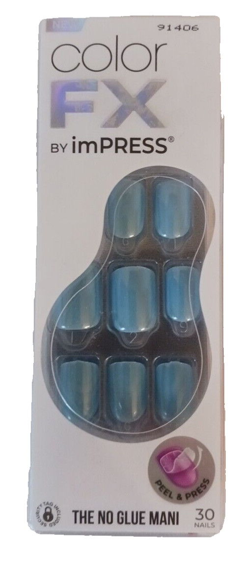 KISS imPRESS No Glue Mani Press-On Nails, Color FX, Meta’, Medium Blue, Short