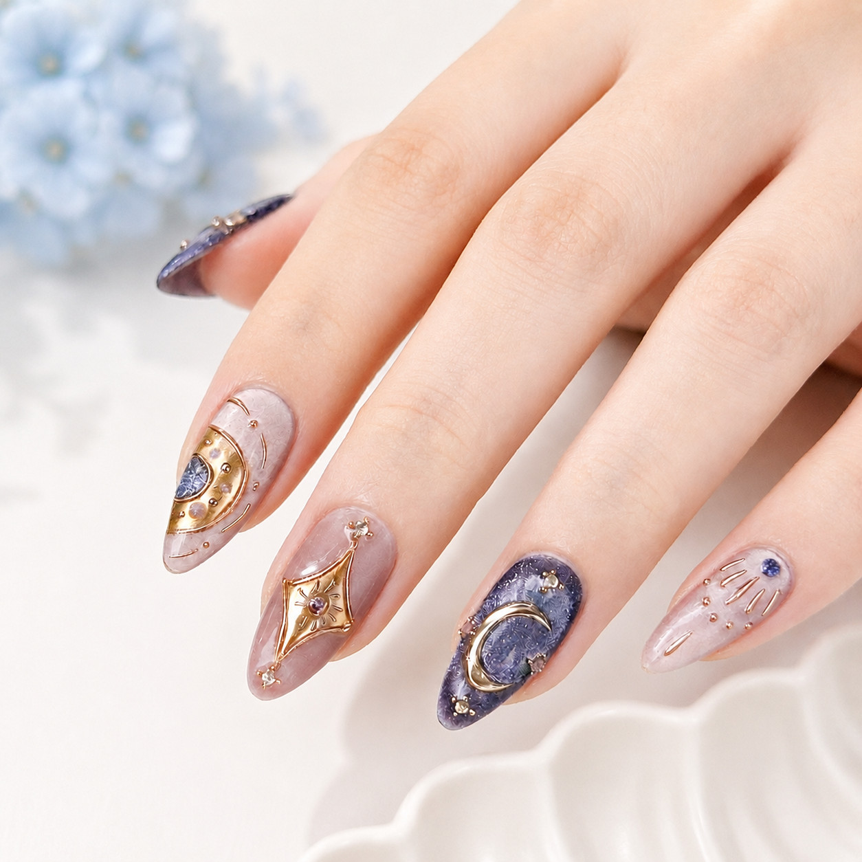 Press On Nails Medium Almond Celestial Moon Star Gold Purple Rhinestone Nail Set