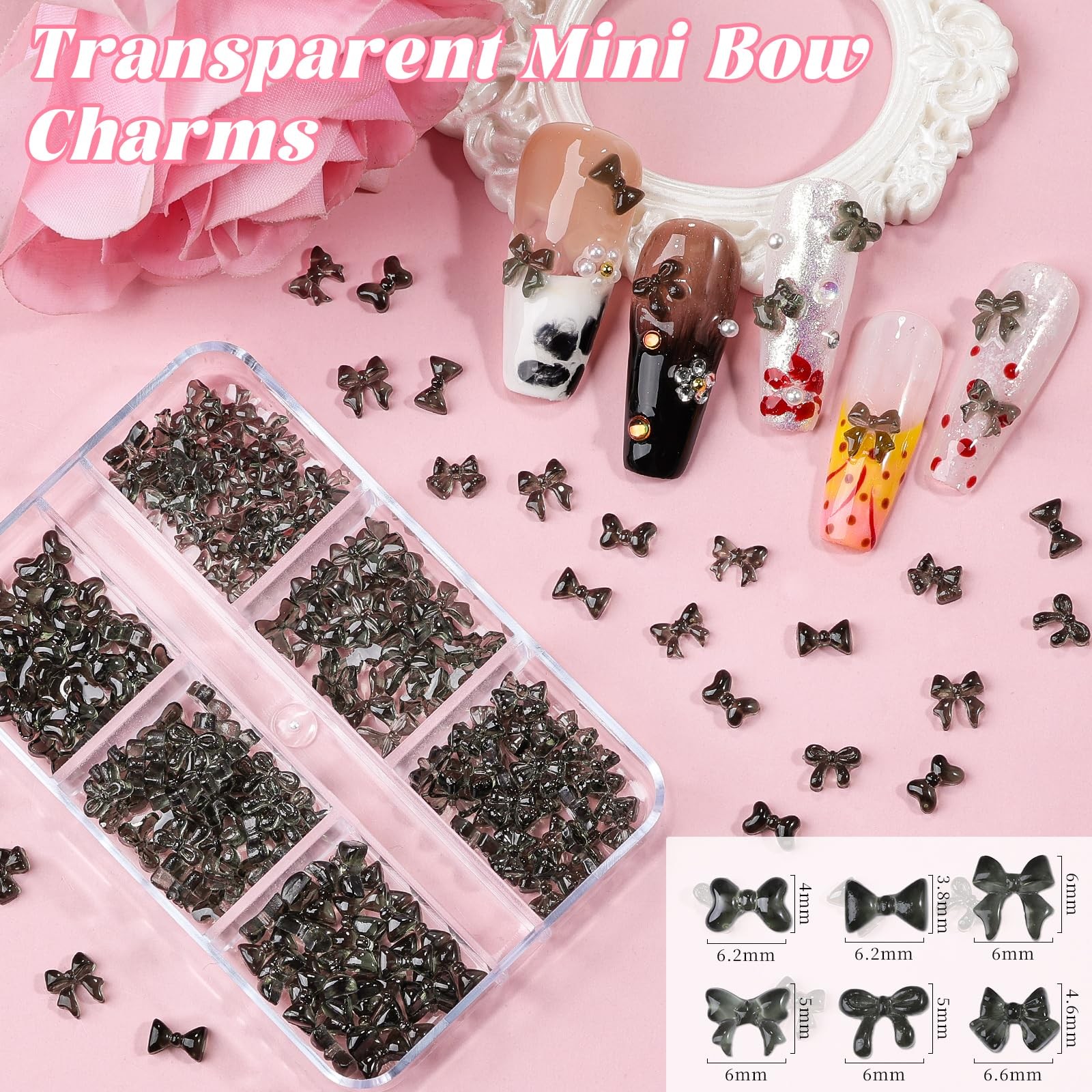 2 Boxes 3D Bow Nail Charms, Black Mini Bow Charms Transparent/Solid Resin Bow…
