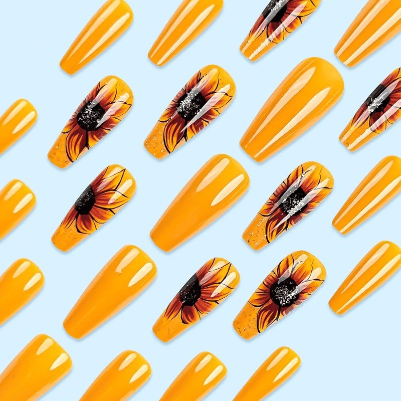 48 Warm Sunflower Hand Drawn Fake Nails – Removable Fake Nail Art
