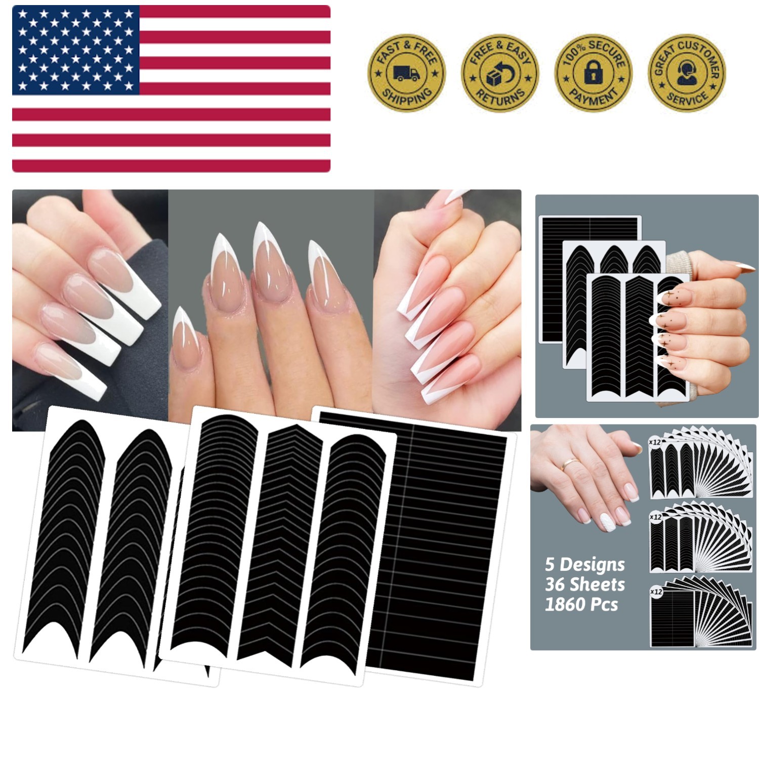 36 Sheets 1860 Pcs French Tip Nail Guides, Self-Adhesive French V-Shaped Moon…