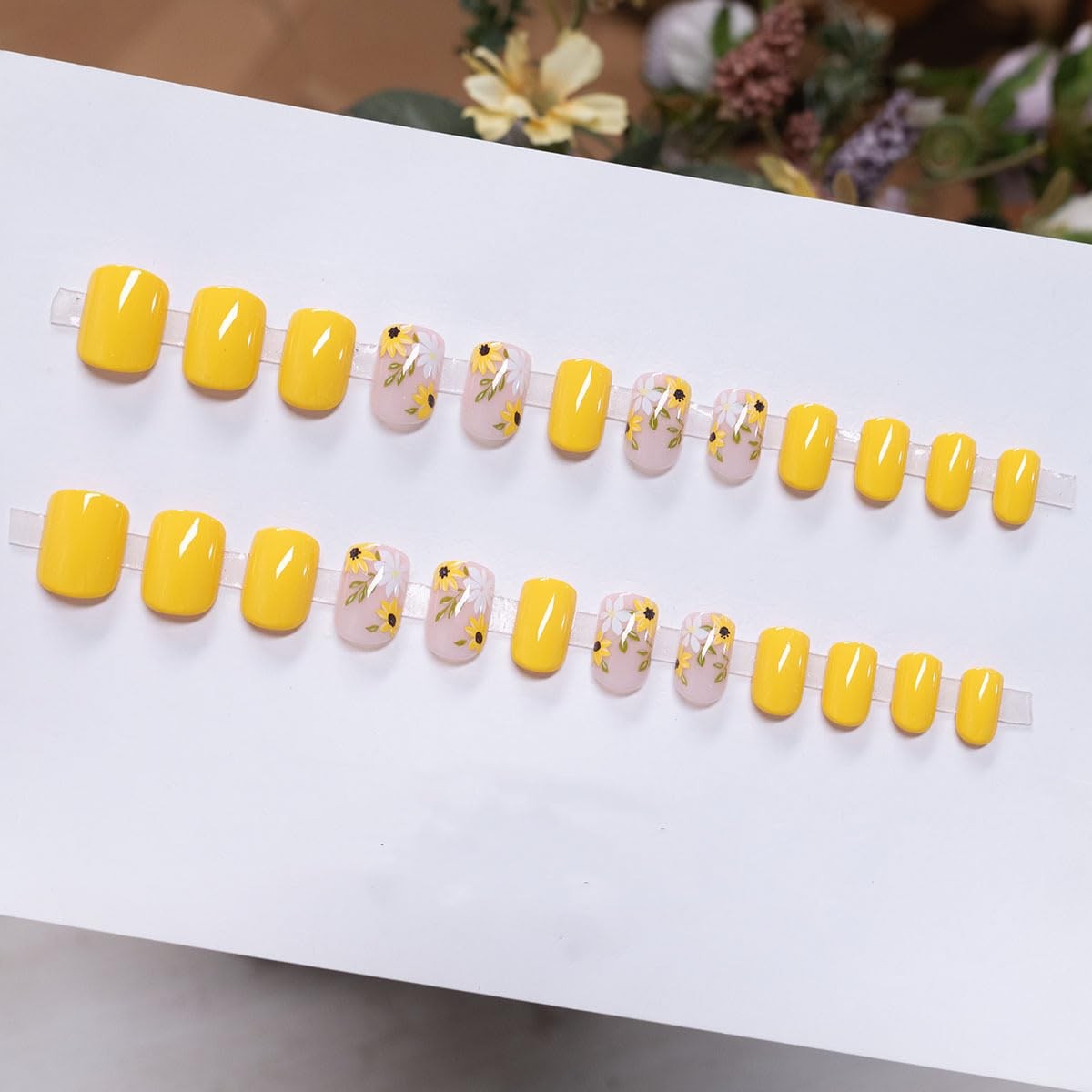 24 Pcs Yellow Press on Nails Short Square Flower Nail Tips,YEFIUO Artificial …