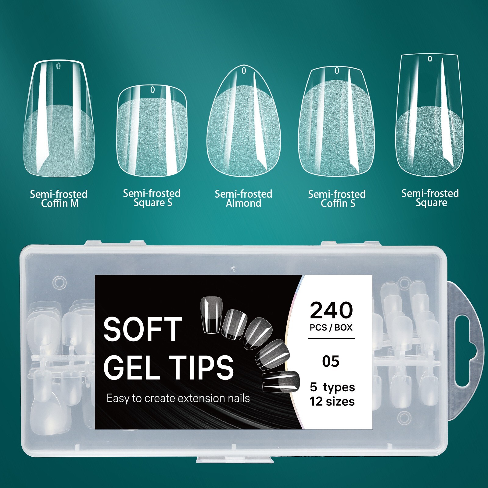 240pcs Nail Plate False Nail Tips 5 Mix Shapes Set Stiletto/Square/Coffin/Almond
