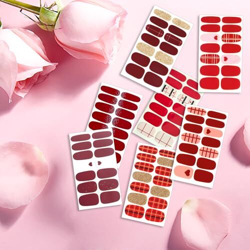 16 Sheets Nail Polish Strips Red Plaid Solid Color Nail Wraps Red&Pink Style