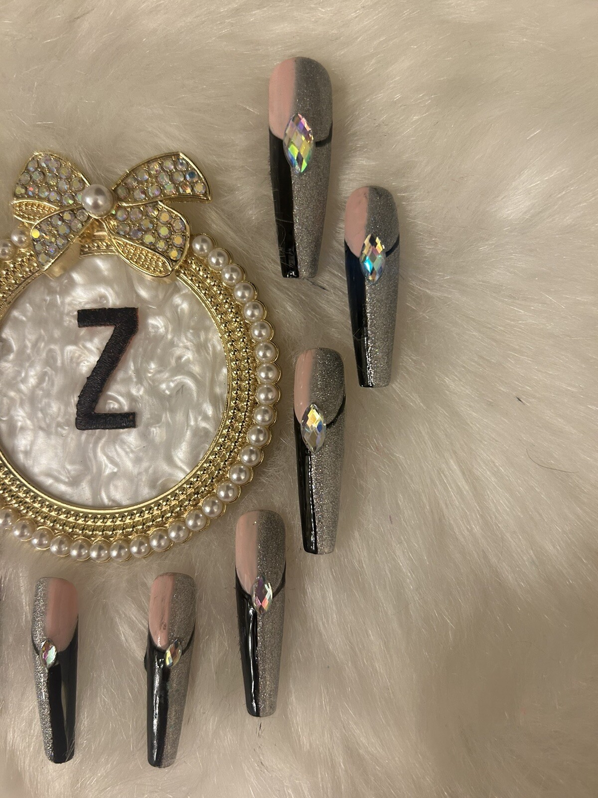 Z NAILZ! Gorgeous Set Of Handmade Black/Pink/Silver 2XL Square Press On Nails