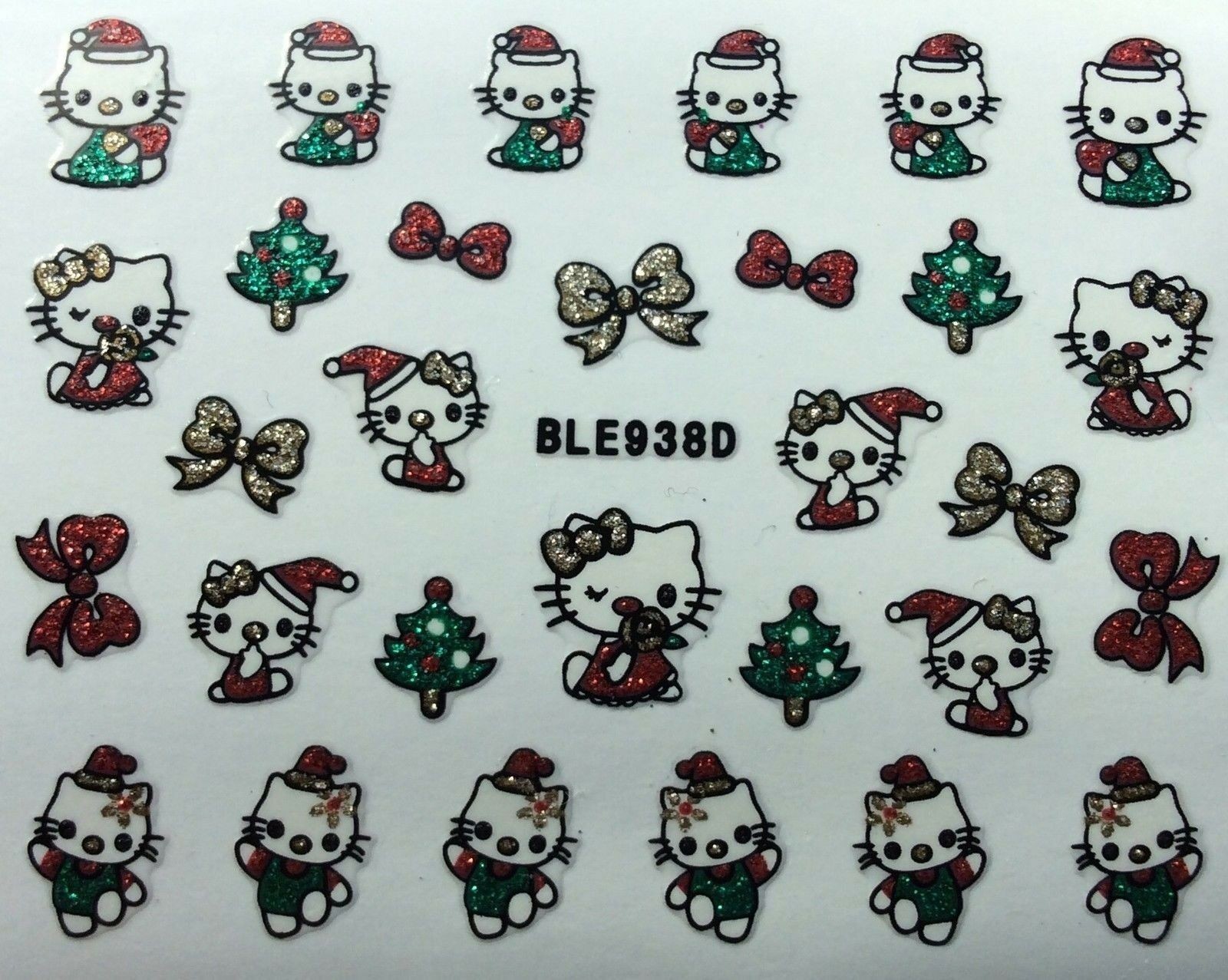 Nail Art 3D Glitter Decal Stickers Christmas kitty Christmas tree bow BLE938D