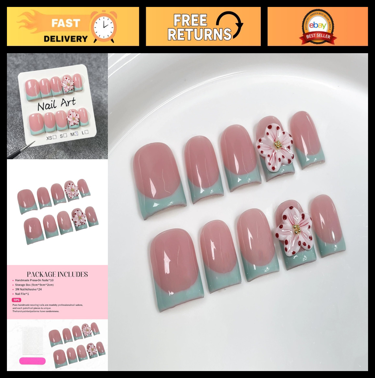 3D Flower Press-On Nails Short Square Thick Multi-Layer Gel Green French Tip
