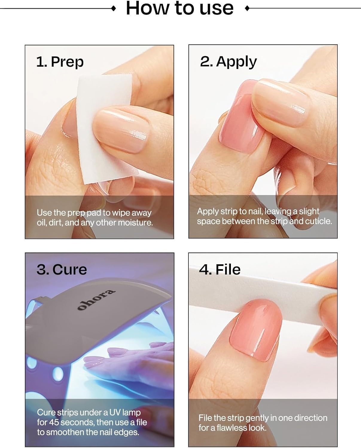 ohora Semi Cured Nail Strips: Snow Spell Pearl White UV/LED Lamp, Salon Quality