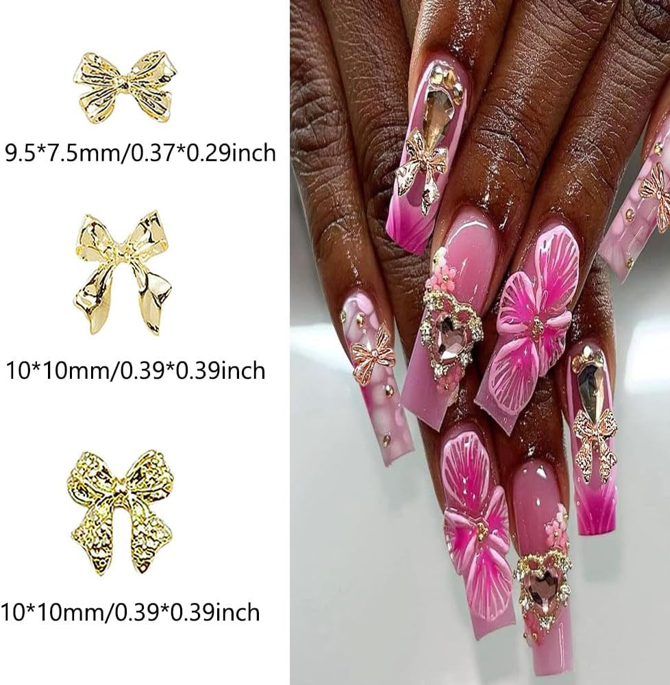 120 PCS Bow Nail Charms Silver Gold Black Rose Gold Bowknot Nail Art Charm 3D Al