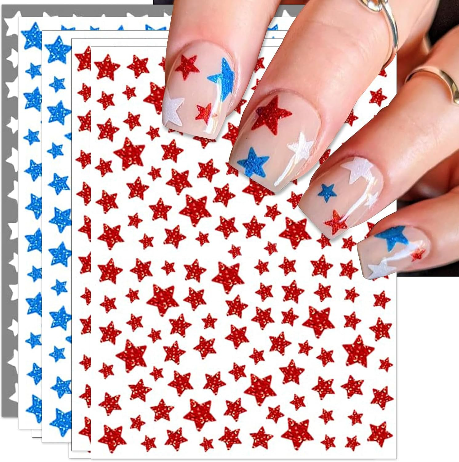 IDDFEVE 4Th of July Nail Stickers, Glitter Red Blue White Star for Independence