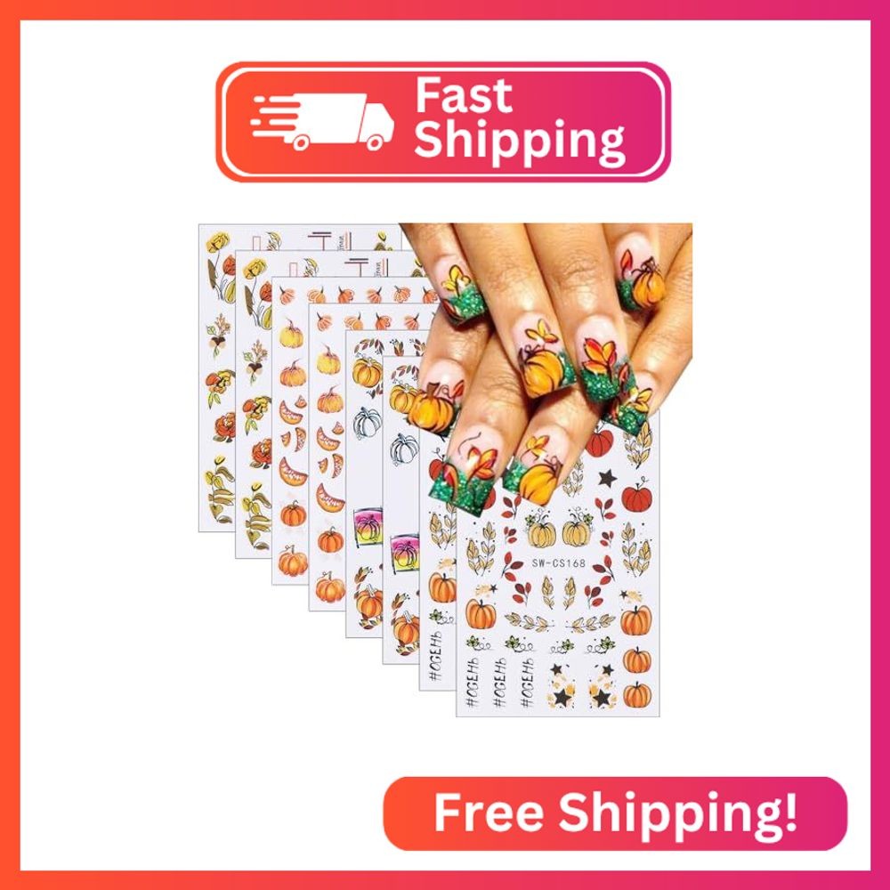 8 Sheets Fall Nail Art Stickers 3D Autumn Maple Leaf Nail Decals Thanksgiving Se