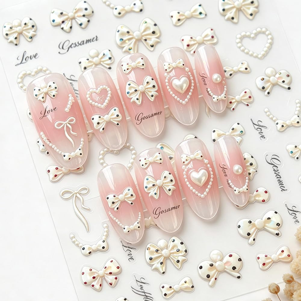 5D Embossed Polka Dot Bow Nail Stickers Shell Light Cute Heart Bow Nail Decals F
