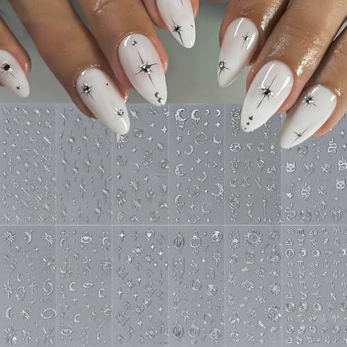 12 Sheets Silver Nail Art Stickers Star Nail Stickers Sun Standard Style-18
