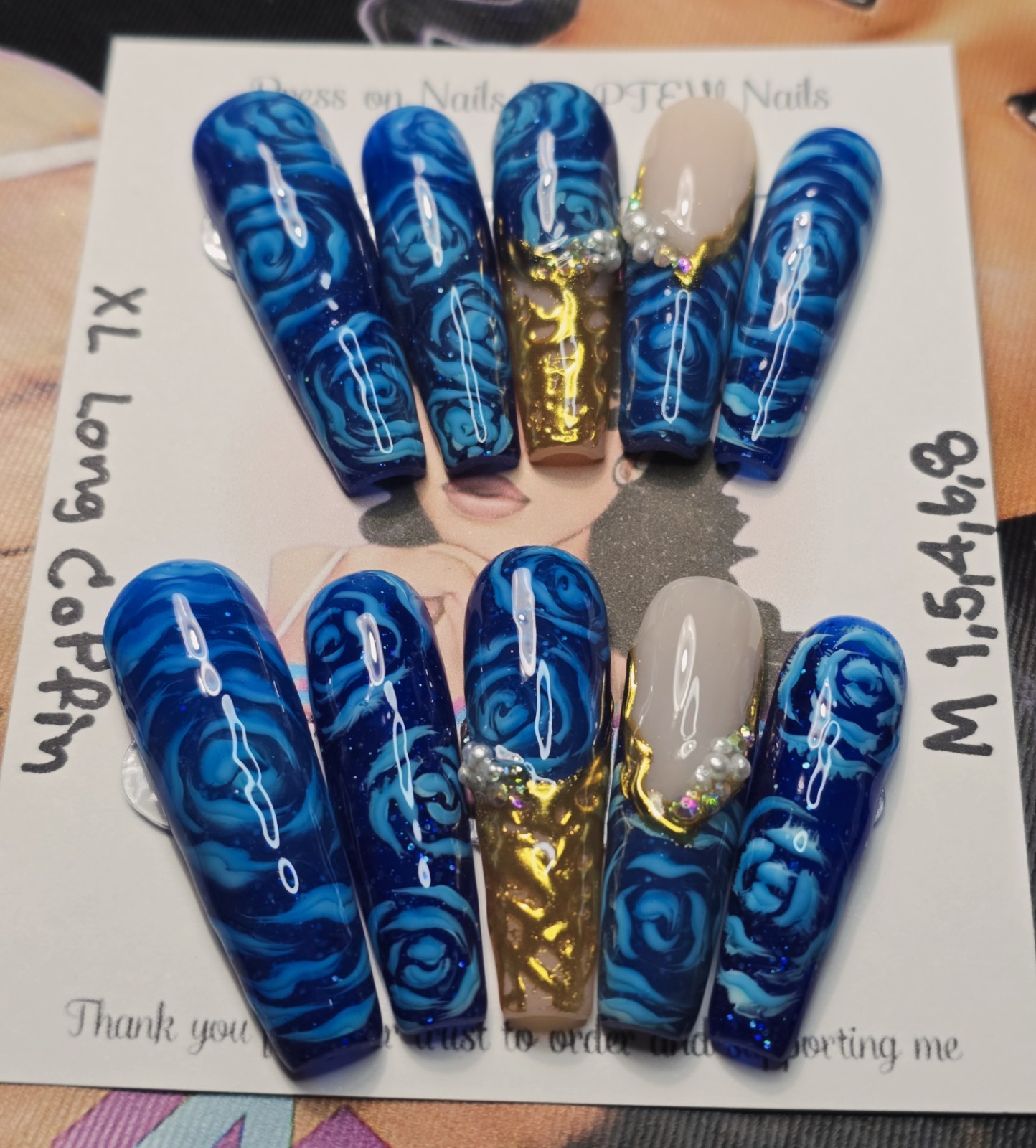 Handmade Gel Press On Nails,V Rose Nails,Medium Size 1,5,4,6,8 XL Long Coffin