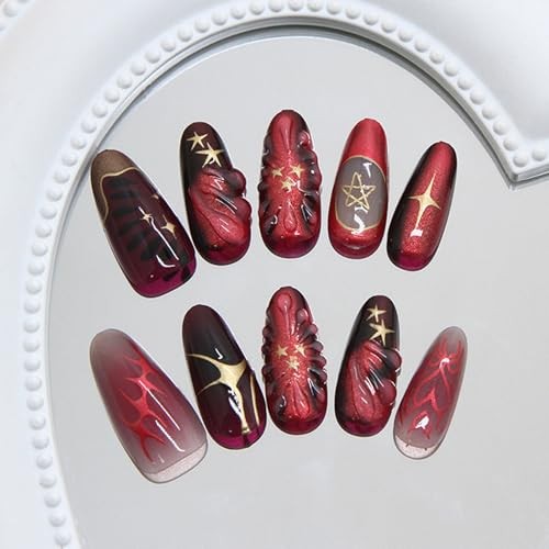 30Pcs Red Press on Nails Charms Medium Almond Fake Nails Stars Wine Red Style 5
