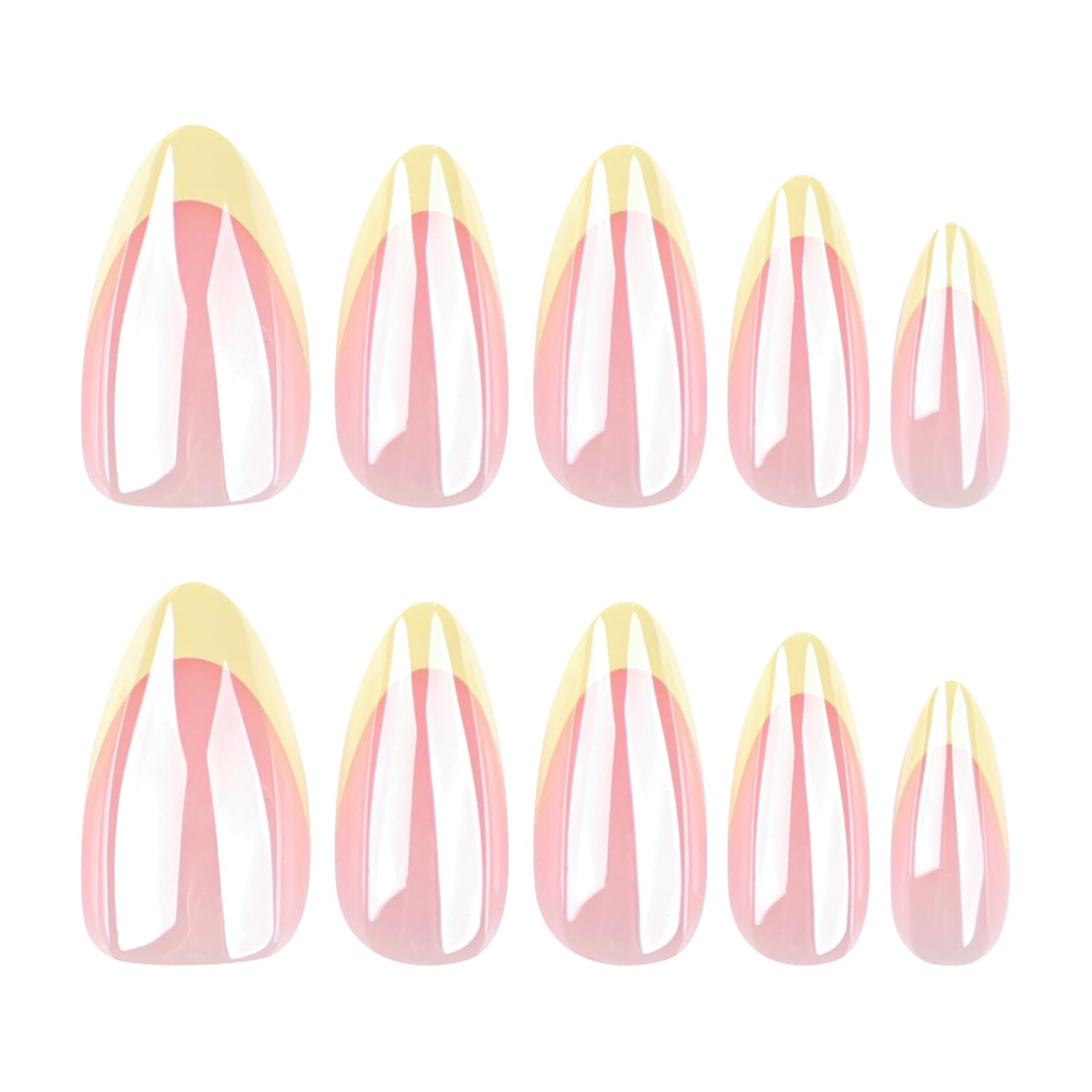 Pastel Yellow French Tip Press On Nails Almond, Glossy Pearl Chrome Fake Nail…