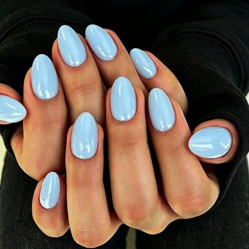 Chrome Press On Nails Short Oval – 32 Pcs Glazed Baby Blue Fake Nails
