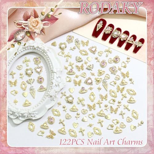 122PCS Gold Nail Charms Pink Rhinestone Heart Charms for Nails Art Luxury