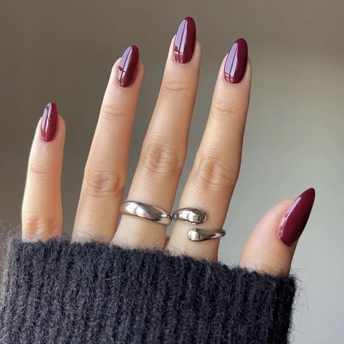 Press on Nails – Medium Almond Fake Nails with Burgundy, Acrylic 03302-2Red