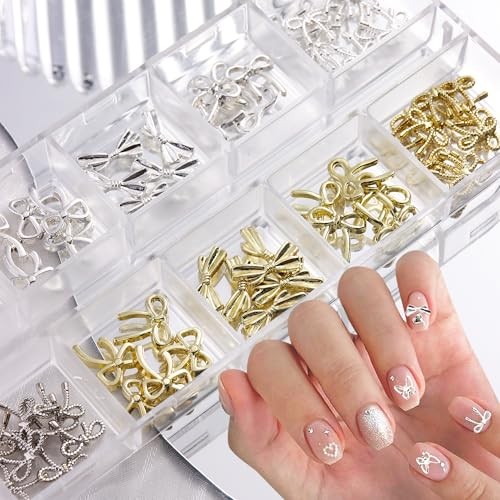 80Pcs 3D Metal Bow Nail Charms, 3D Bowknot for Nails, Cute Silver & Gold Alloy