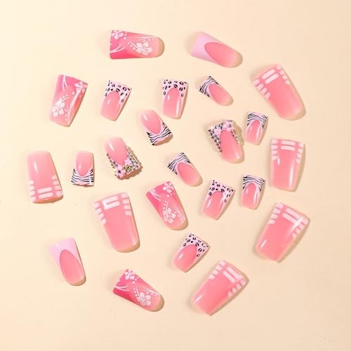 Duck Shaped Acrylic Nails – Medium – Medium – French & Floral Rhinestone
