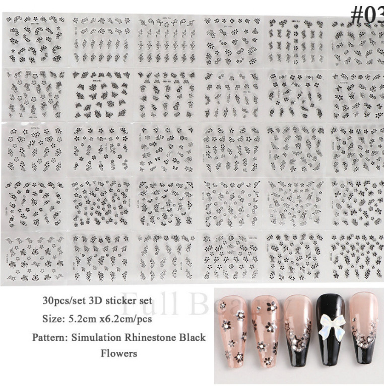 30 Sheets Rhinestone Black Daisy Flower Nail Art Sticker Decoration Manicure