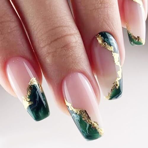 Dark Green Press on Nails Medium Fake Nails Marble False Nails with Design J