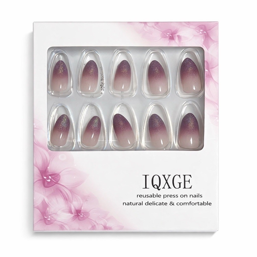 IQXGE Reusable Press On Nails Ombre Glitter Almond Shape Natural 24 Count