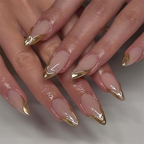 Almond Press on Nails Gold Fake Nails French Tip False Nail Style-A Style-3
