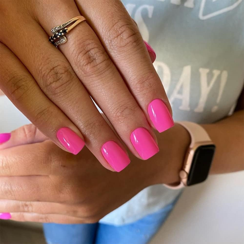 Hot Pink Press on Nails Short Square, Gel Fake Nails Glossy Square Hot Pink