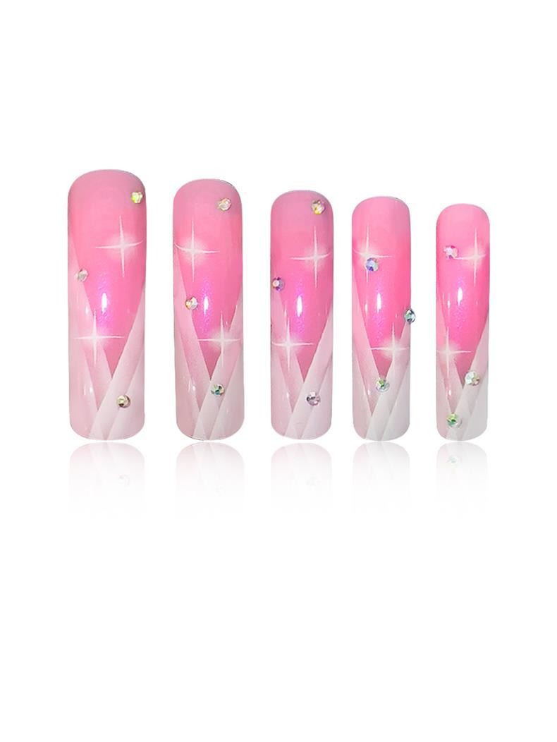 New Long European American Press on Nails Shiny Rhinestone Gradient Glitter Curv