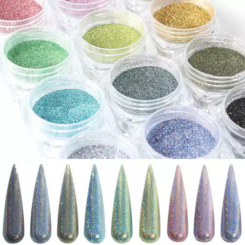 HOLOGRAPHIC CHROME POWDER NAIL GLITTER SHIMMER 12 Colours Laser EFFECT PIGMENT